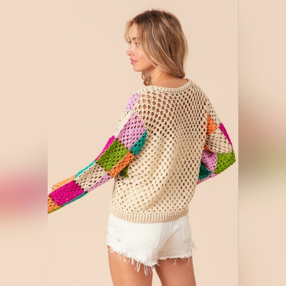 New Arrival!! BiBi Multi Color Checkered Long Sleeve Knit Top - Picture 3 of 6